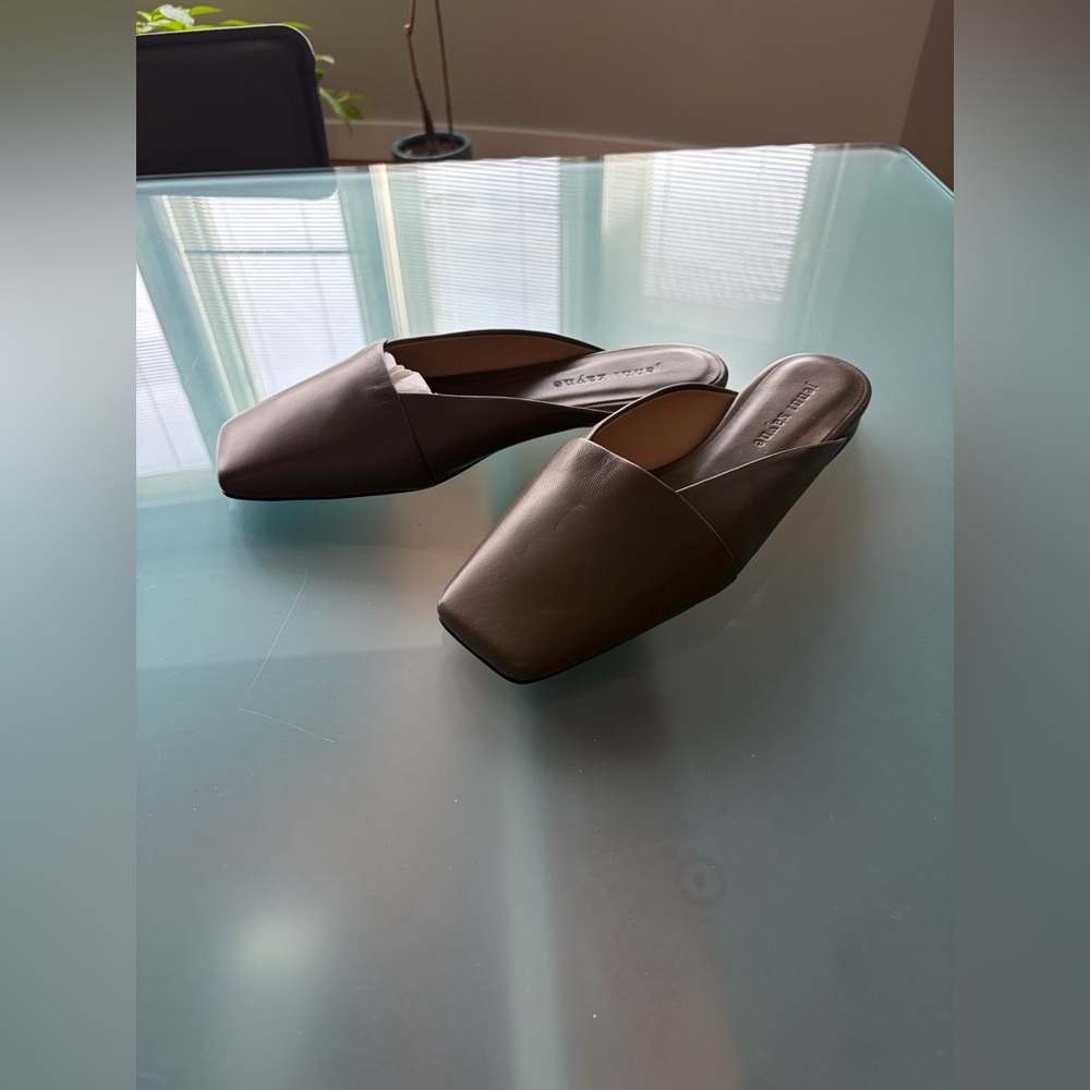 NWOB. $545 Jenni Kayne Mia Mule Leather Square Toe Flat Shoe Earthen Green Sz 39 - Picture 11 of 16